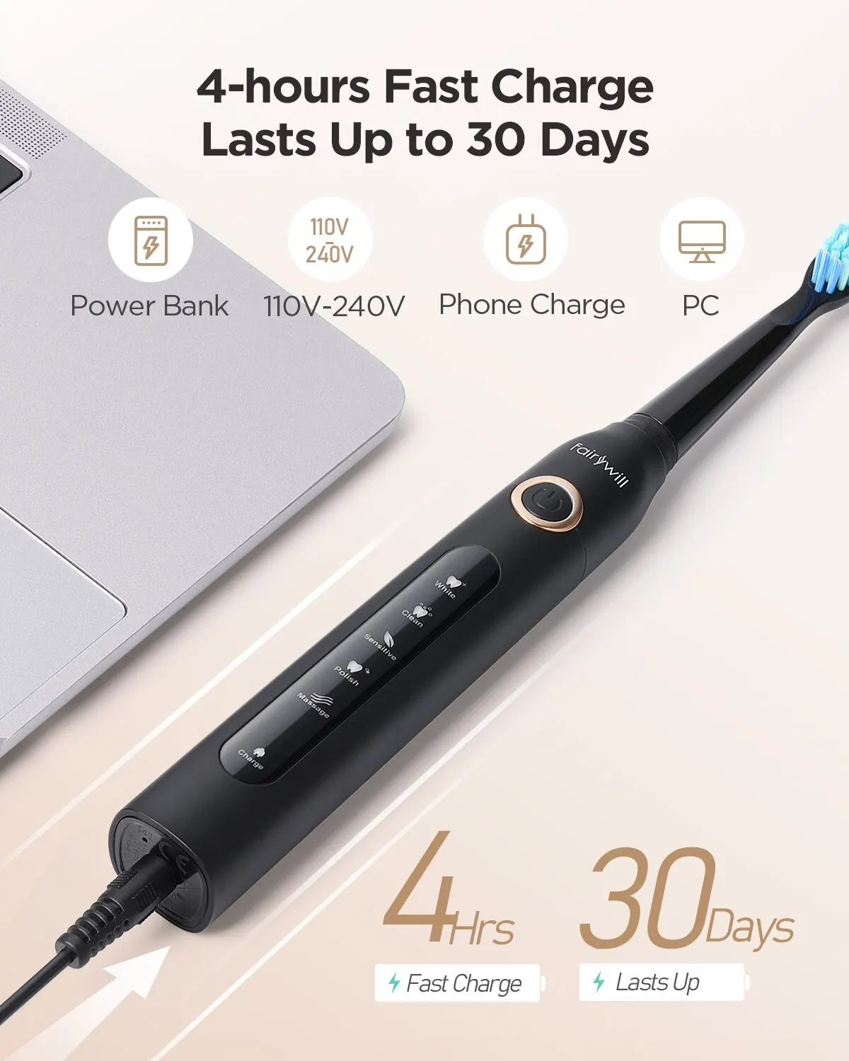 Fairywill Electric Sonic Toothbrush USB Charge FW-507 Rechargeable Waterproof Electronic Tooth Brushes Replacement Heads Adult - Image 3