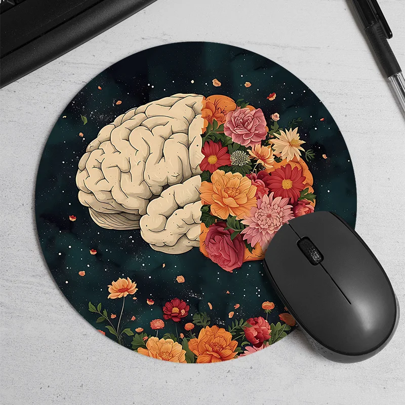 1PC Floral Brain Pattern Round Mouse Pad Non-Slip Cartoon Desk Mat for Office Pc Setup Accessories Rug Desk Gadgets Playmat